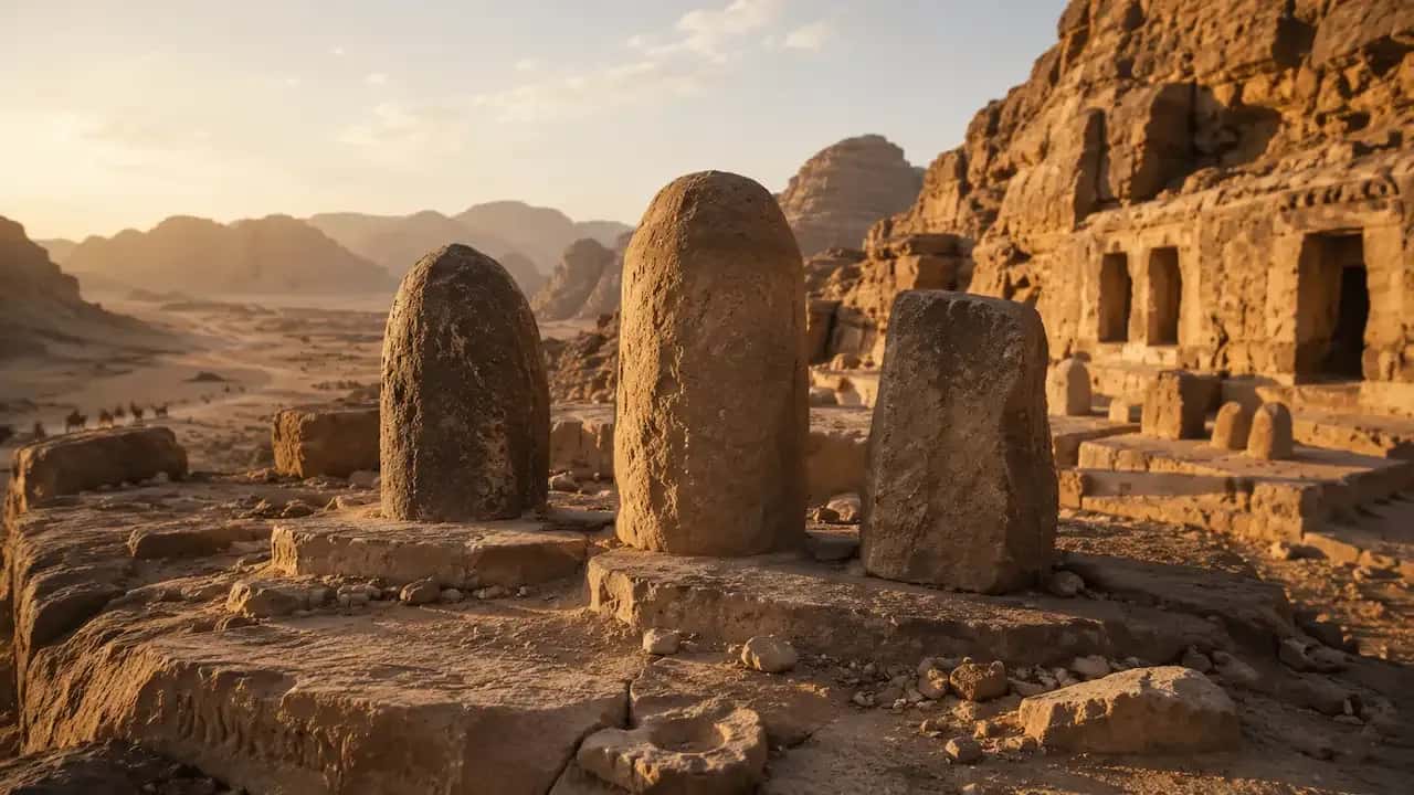 بازسازی هنری از سنگ‌های مقدس مرتبط با لات، عُزّی و منات در فضای باستانی عربستان پیش از اسلام