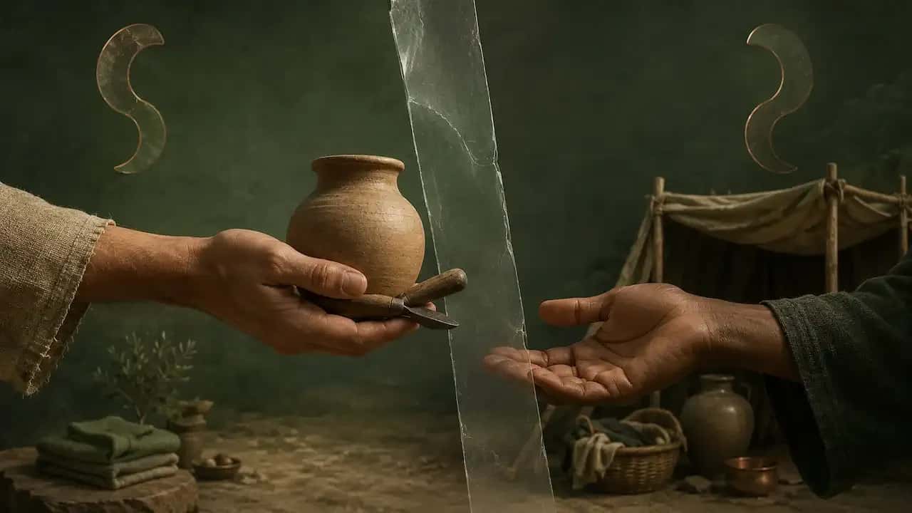 تصویر مفهومی ریشهشناسی ماعون با نماد کمک، وسیله روزمره، بخشش و سرپناه